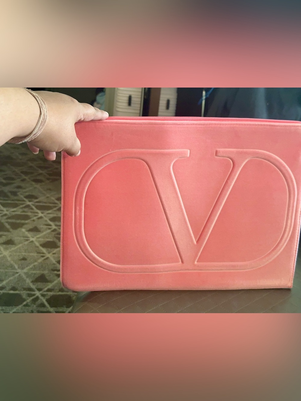 Valentino Pink Embossed V Logo large Soft Velvet Laptop Sleeve